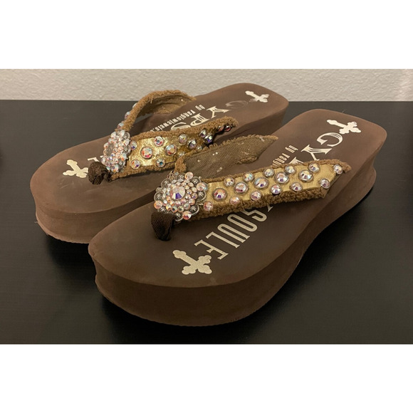 Gypsy Soule Womens Platform Flip Flop Sandals Size 9 Brown Bedazzled Western - Picture 1 of 8